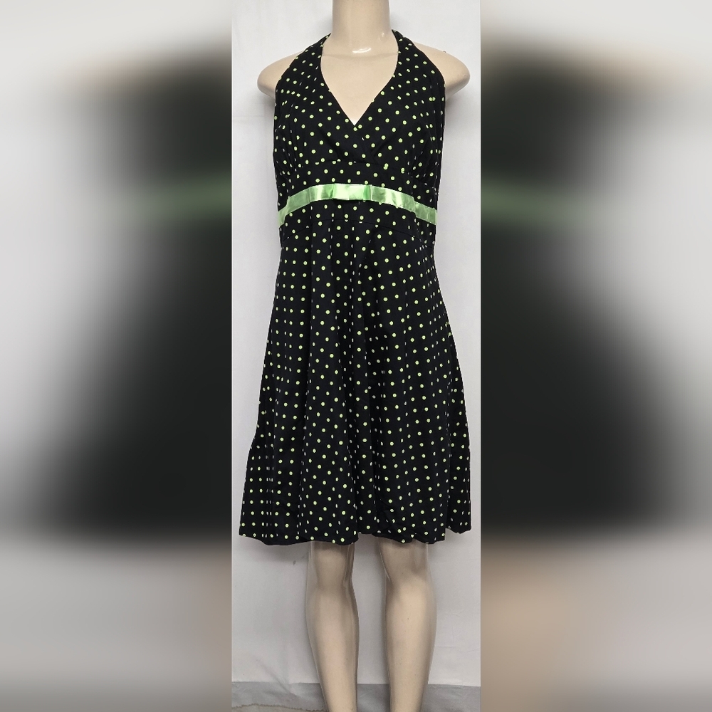 Pulse 1X Polka Dot Party Sundress Black Green Tie Around Neck Empire Waist Flare